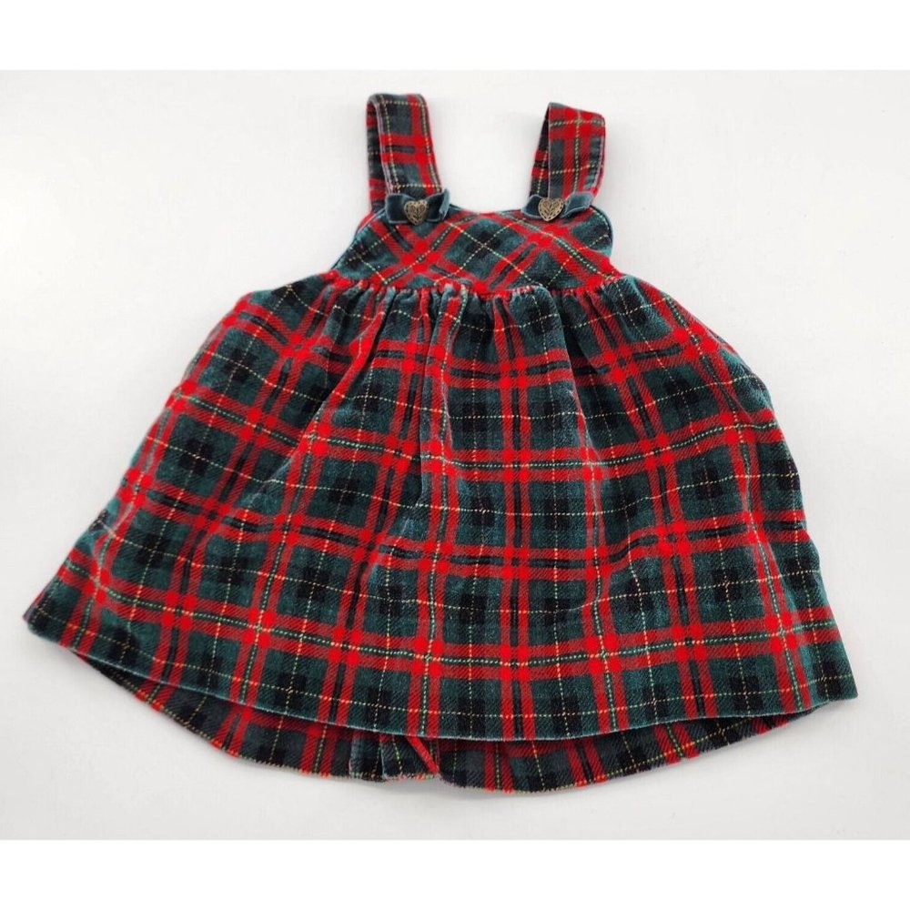 Vtg Baby Girls Sleeveless Button Back Dress Red/Green Plaid Velvet RN 16954 6-9M